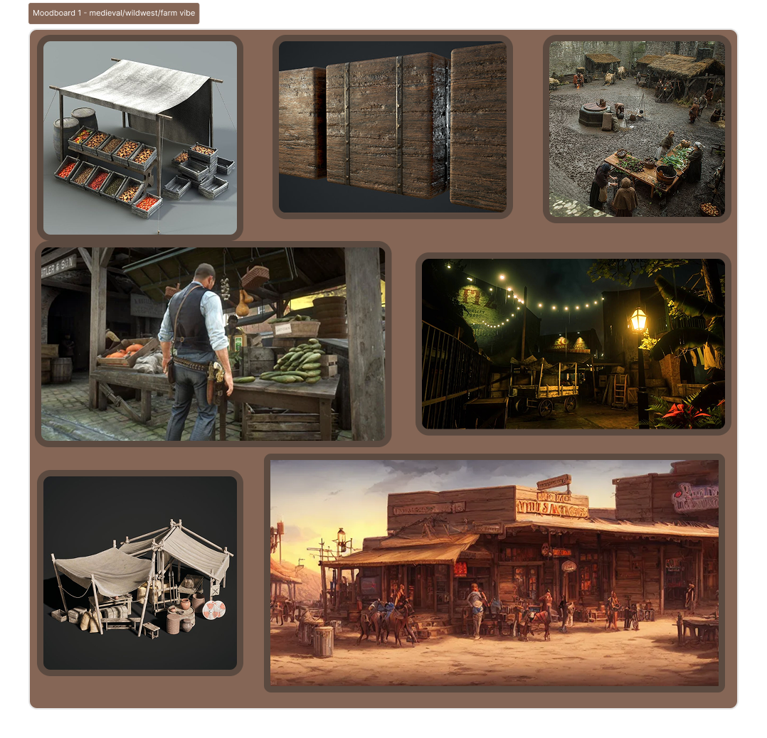 Moodboard van middeleeuwse marktkramen en rustieke elementen om de stemming van vroeger mee te geven